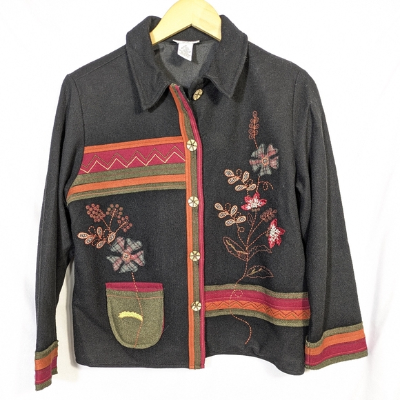 breckenridge Jackets & Blazers - Breckenridge Black Wool Blend Blazer Jacket Colorful Embroidery Applique Med P